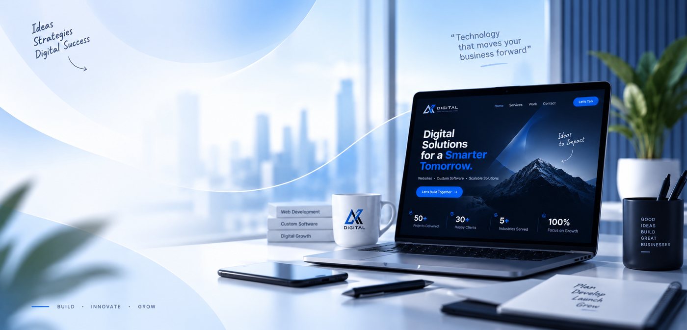 AK Digital website mockup open on a laptop at a modern office desk
